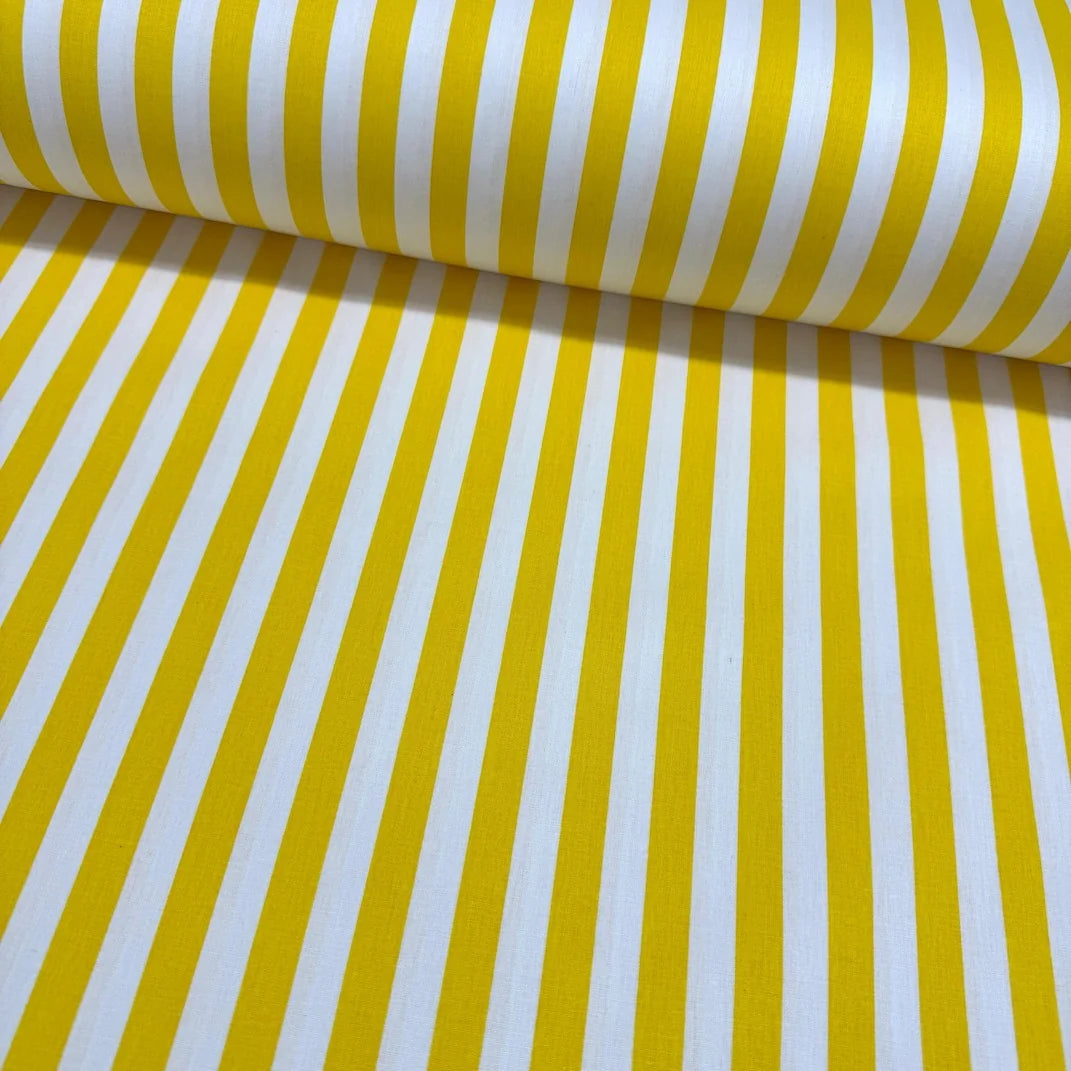 Bright yellow and white striped 100% cotton poplin fabric with classic stripes, ideal for quilting, dressmaking, patchwork, crafts and home décor.