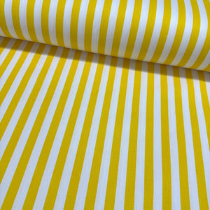 Bright yellow and white striped 100% cotton poplin fabric with classic stripes, ideal for quilting, dressmaking, patchwork, crafts and home décor.