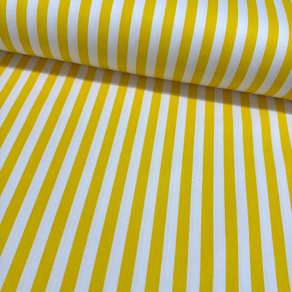 Bright yellow and white striped 100% cotton poplin fabric with classic stripes, ideal for quilting, dressmaking, patchwork, crafts and home décor.