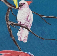 Fabric designed with light pink parrot on a teal blue background.