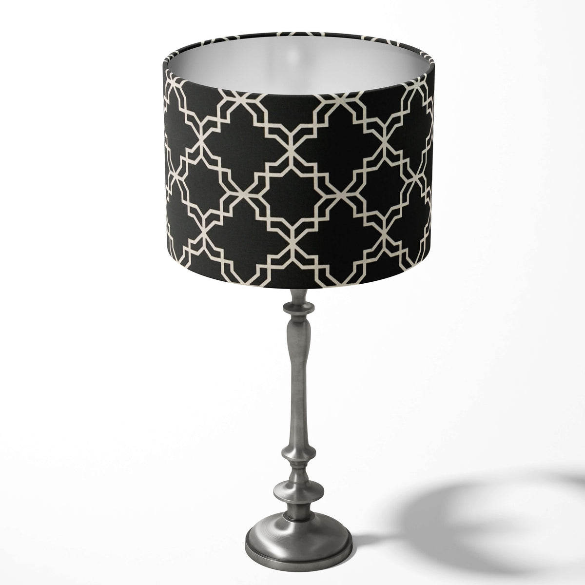 Monochrome black and white trellis patterned table lampshade.