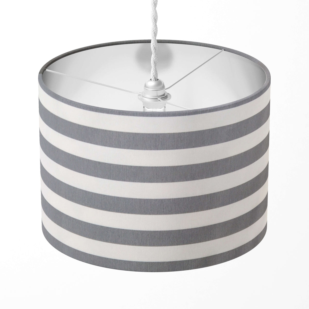 Grey and white horizontal stripe lampshade.