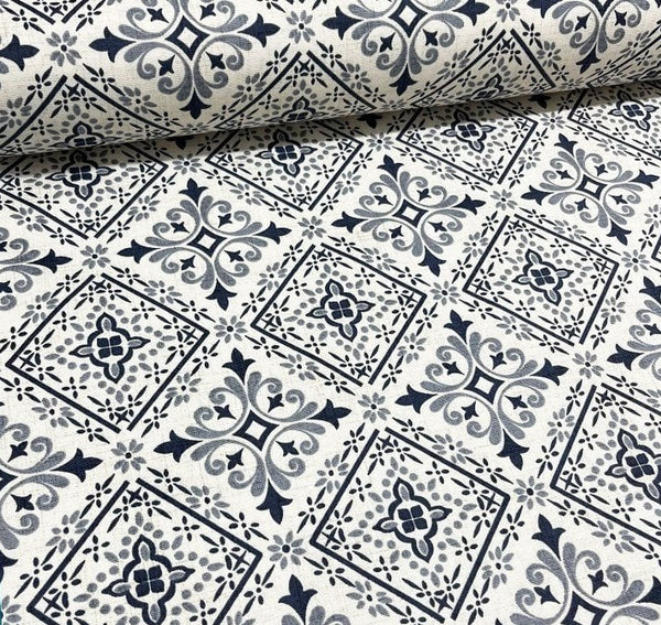 Grey and white turkish ceramic ornamental tile printed fabric for upholstery soft furnishing and home decor.