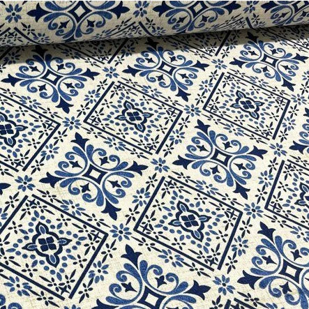 Blue and white mosaic tile pattern upholstery fabric.