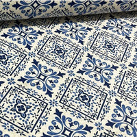 Blue and white mosaic tile pattern upholstery fabric.
