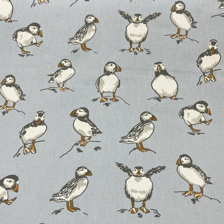 Puffin Fabric, Bird Upholstery Fabric, Blue Animal Print Curtain Fabric