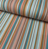 Striped upholstery fabric with multicolour pinstripe pattern in orange, terracotta, turquoise blue and red colours. 