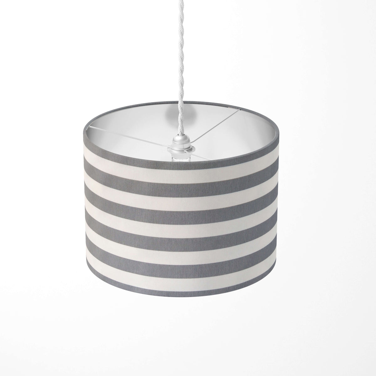 Ceiling drum lampshade patterned with grey and white thin stripes.