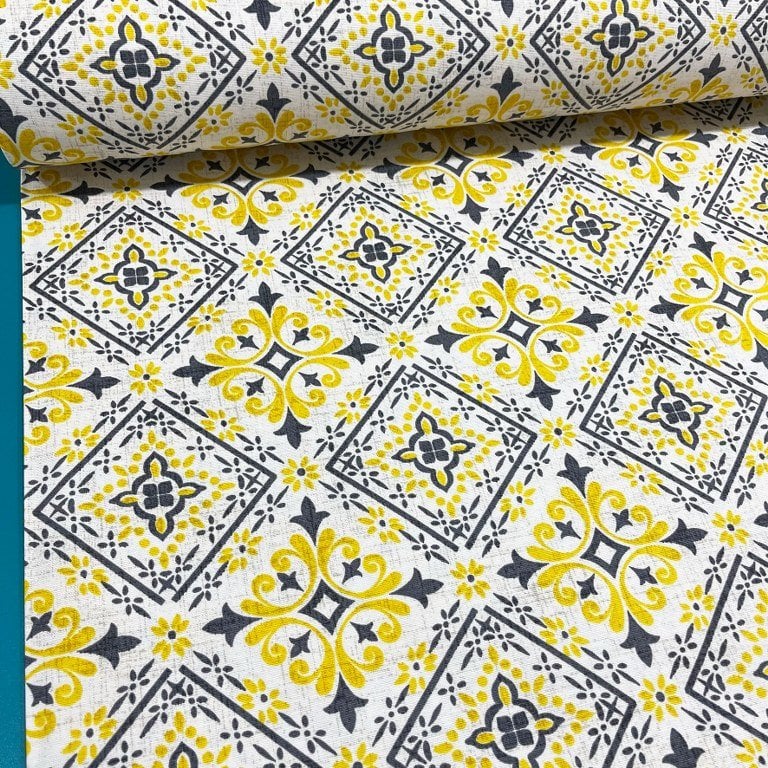 Portuguese mosaic floral tile fabric in yellow, dark grey and white.