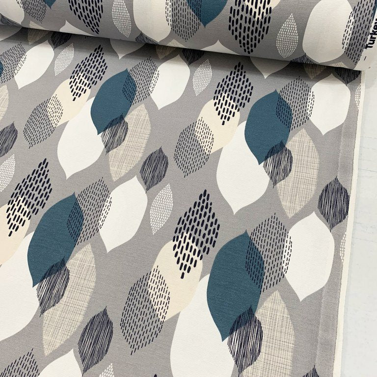 Grey and patrol blue abstract leaves fabric