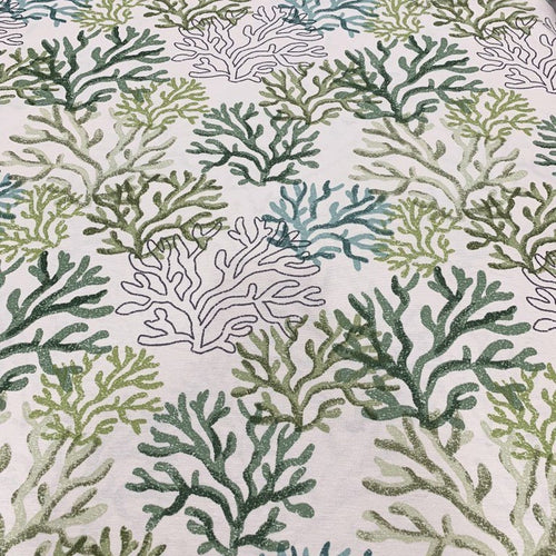 Green ocean fabric with a coral reef pattern on a white background, suitable for upholstery and curtain projects.