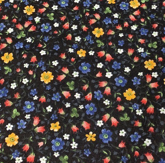 Black Floral Fabric, Retro Flower Fabric, Cotton Small Print Fabric