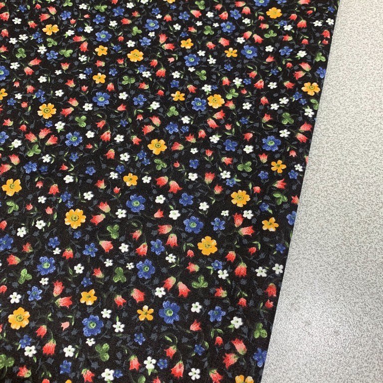 Black Floral Fabric, Retro Flower Fabric, Cotton Small Print Fabric