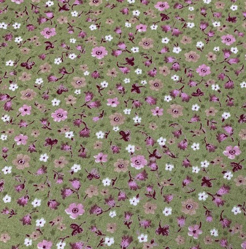 Green Floral Fabric, Cotton Flower Fabric, Small Print Bedding Fabric